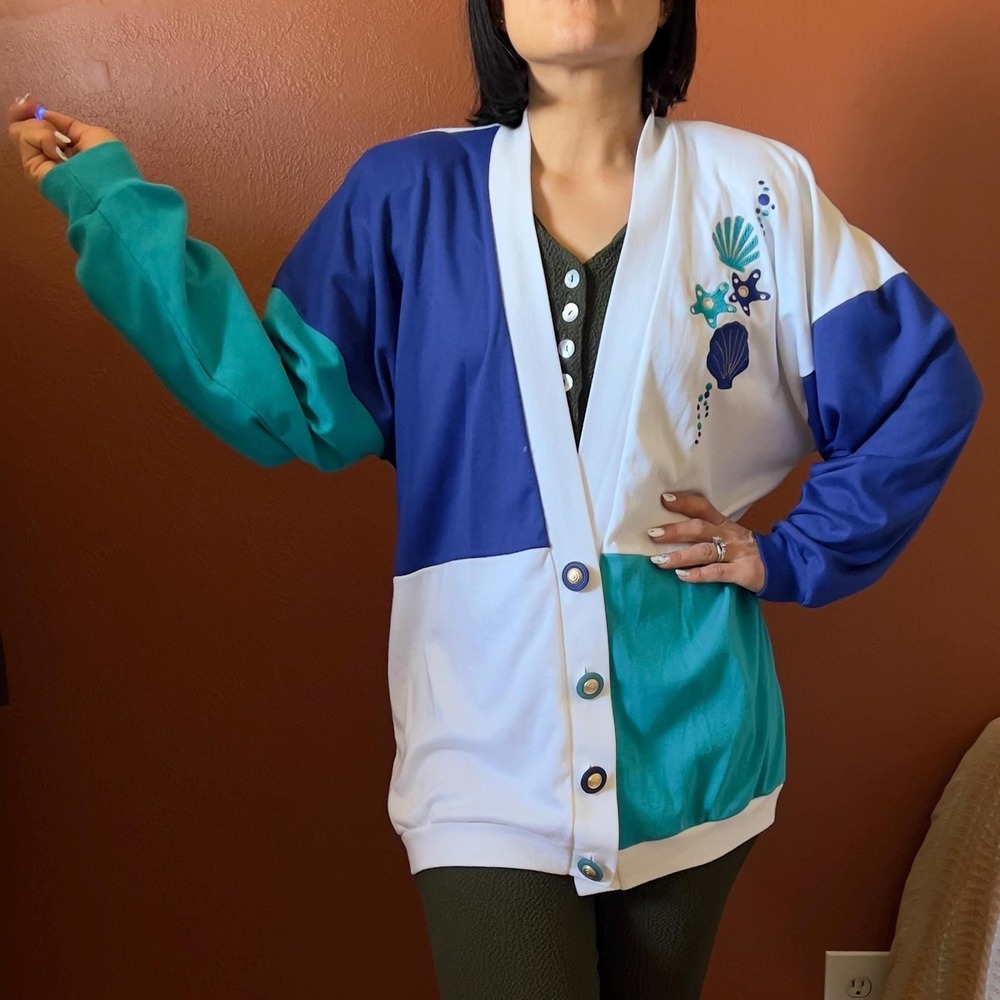 vtg 90s color blocked seashell beach cardigan button front kitsch‎